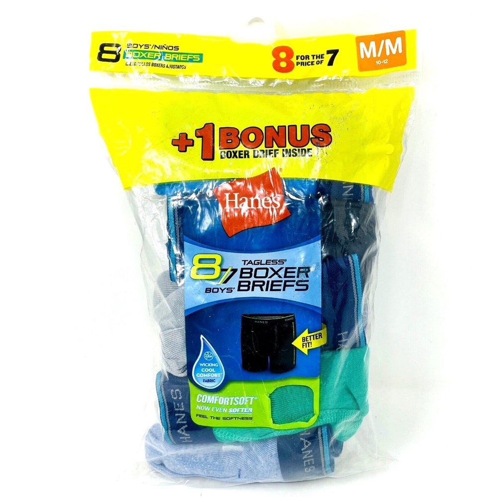 Boys Hanes Tagless Boxer Briefs 8 pk Wicking Cool Comfort Medium M 10/12 Solids